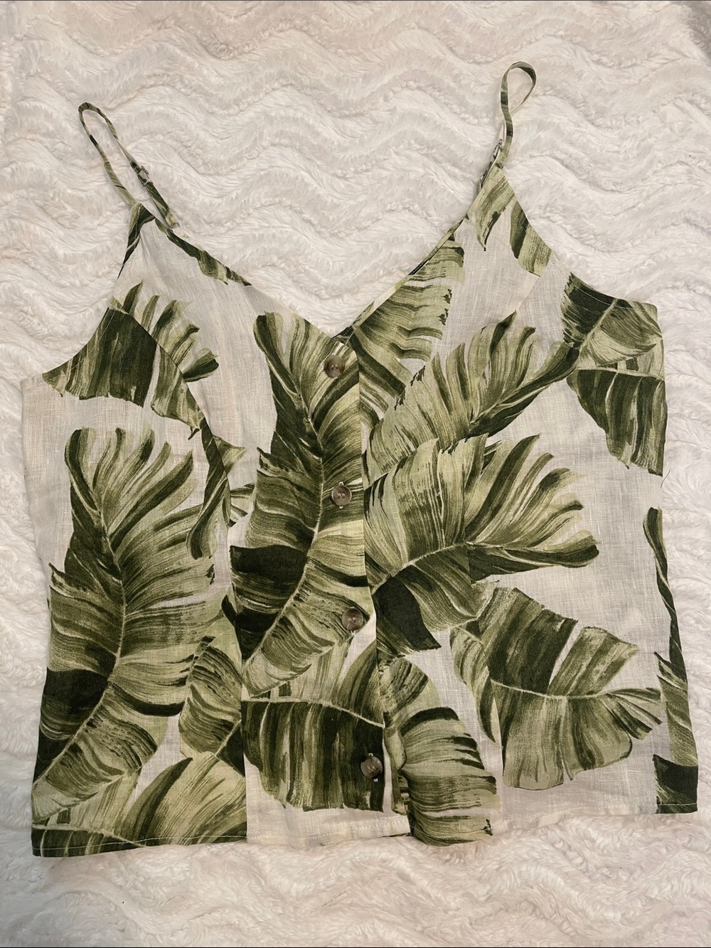 NWT H&M Linen Green Palm Leaf Sleeveless Print Top